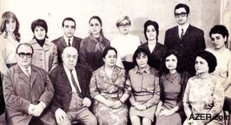 Music Faculty at Baku's Conservatory of Music, 1971. Sitting (from left): Rauf Atakishiyev, Mayor Brenner, Nigar Usubova, Elmira Nazirova, Aliya Mirzoyeva, Jamila Muradova. Standing (from left): Saida Behbudova, Vafa Aliyeva, Ogtay Abbasguliyev, Zemfira Shafiyeva, Adila Vakilova, Tamilla Gasimova, Tarlan Seyidov, Gulnar Sadikhova.