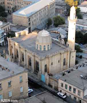 Most of Baku's mosques were destroyed or converted to secular uses during the Soviet period (1920-1991). The two exceptions were this one- the Imam Husein Mosque in the center of Baku and Taza Pir. Since independence, several new mosques have been built and many of the older ones have been renovated and restored to usage as mosques. The traditional call to prayer (azan), amplified via loudspeakers, is now heard in nearly every neighborhood at sunrise, noon and sunset.