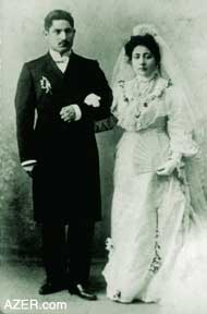 The wedding photo of the son of one of the wealthiest Oil Barons in Baku. Bala-bey Ashurbekov and his wife Ismat in 1904.