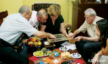 At the interview in August 2005 in the Mustafayev Home: (left to right) Seyfulla, Vahid, AI Editor Betty Blair, Fuad Mustafayev, and Gulnar Aydamirova, AI Editorial Assistant