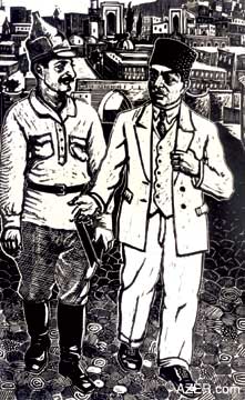 Leaders who were very active in establishing the Bolshevik government in Baku during the early 1920s. Sergo Orjonikidze with Nariman Narimanov. The artist was commissioned to do this work in 1960. In the background, the artist depicts Baku's Old City (Ichari Shahar) with Shirvanshah Palace as one of the most dominant features.