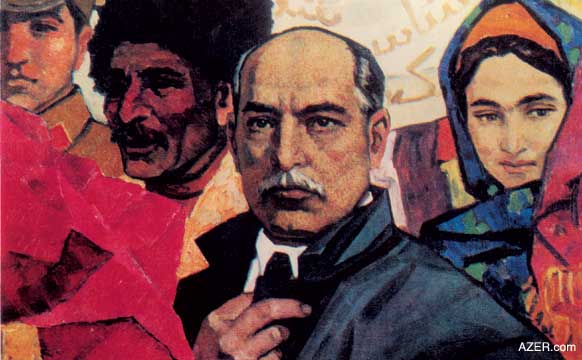 Painting of Nariman Narimanov in 1970 by Azerbaijani artist Ogtay Sadigzade, who was imprisoned in labor camps in Central Asia for five years. Ogtay was charged with being the son of an "Enemy of the People". His father, a writer and intellectual, was falsely accused and then arrested and executed. This painting is entitled: "The 1920s". It hangs in the Home Museum of Nariman Narimanov in Baku. Photo: Art by Ogtay Sadigzade. Corner: Statue of Narimanov. Photo: Blair. 