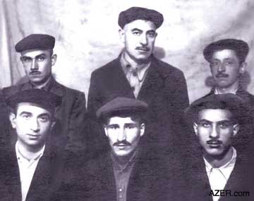 Aydin Vahidov (lower left corner) with a group of Azerbaijani friends in a Siberian labor camp in 1951. Aydin worked there as an engineer. Photo: Family of Aydin Vahidov. 