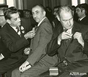 Poet Bakhtiyar Vahabzade pinning an honorary medal on Azer Alasgarov. Azer received two distinguished awards in his lifetime: The "Gizil Galam" or Golden Pen (1986) and "Honored Journalist of the Republic" (1989). after returning from seven years in a Siberian labor camp (1955), Azer worked in publications and became Editor-in-Chief of the Azerbaijan Telegraph Agency (Azertaj). Photo: Family of Azer Alasgarov
