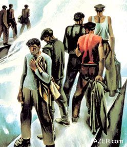 Tahir Salahov was one of the co-founders of the Soviet trend in art called "Severe Style" of the 1950s and 1960s. In contrast with Socialist Realism, it shows people isolated and lonely in their everyday life struggles. Note here that all the figures are looking in different directions. Work is called "New Sea", 1970. Photo: Art by Tarhi Salahov