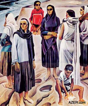 Tahir Salahov's "Women of Absheron", 1967. Here the women wait for their men to return from work on the oil rigs in the Caspian sea. Note the loneliness and isolation of each woman is occupied with her own world - a situation characteristic of Stalin's era when people could not trust one another. The artist himself had experienced the agony of waiting in his own life as his family anticipated the return of their father after he was arrested in 1938. Eighteen years later they learned that he had been executed shortly after being arrested, but no one had told them. Photo: Art by Tahir Salahov