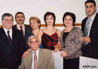 Muktar (sitting). Standing: Abbas Abbasov (Deputy Prime Minister), son Reza and his wife Irada, granddaughter Jamila, daughter Sevar, and Jamila's husband Ulvi. Photo: Courtesy of the family of Mukhtar Avsharov.  