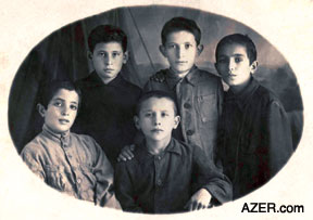 Ogtay's classmates in fifth grade, 1932. Clockwise (standing from left): Ogtay Sadigzade, Hajiagha Hasanzade, Aghareza Hasanzade, Habib Habibzade and Ali Ahmadov. 