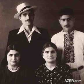 Aziza Jafarzade (1921-2003) and her family in the late 1940s before her brother Ahmad (1929-2000) was arrested (1953) and sent into exile. Seated left to right: Aziza and her mother Boyukkhanim. Standing Brothers Ahmad and Mahsun. Photo: late 1940s.  