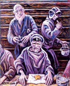 Prisoners were given only the most meager of rations for the day - a small piece of bread and sometimes some gruel made from vegetables. The elder prisoner seated at the table knows to eat only small portions at a time. The newcomer in the upper left - hand corner seems to have already foolishly - eaten his entire ration. 