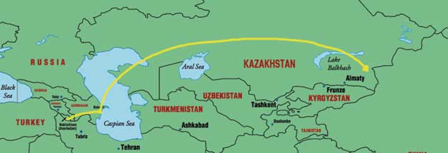Map showing where the Sadikhli family was exiled and forced to settle during Stalin's Repressions in 1937. They were from a village in the Ordubadi region of Nakhchivan, Azerbaijan, and were transported to Kirov, Kazakhstan (close to the Chinese border). Nearly 2,000 villagers shared this fate and were gathered up in the short period of August 5-15 that year. The tortuous journey which took 39 days was made in cattlecars. They were able to return to Azerbaijan only after Stalin's death in 1953-16 years later.