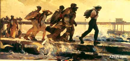 Artist Tahir Salahov painted "The Shift is Over" for his graduation project at the Art Institute in Moscow in 1957. The scene is set at Oil Rocks in the Caspian. The work dared to depict a severe realism-his quest to reflect truth through the tough realism of sweat and hard work. This art style contradicted Socialist Realism which tried to show that everything was happy and fine in life. Tahir's father had been killed in the Repressions by Stalin in 1938.
