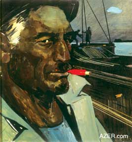 "Oil Worker with Red Cigarette". Tahir Salahov was severely criticized for this work. "What dark, unappealing colors! What pessimism! Why does the man look so pessimistic and worried as if he has concerns?" This is one of the many paintings that grew out of the period of time that the artist spent living among the oil workers at Oil Rocks in 1957. (Oil on canvas, 80 x 80 cm. Museum of Oriental Arts, Moscow, 1959).