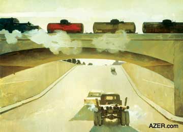 "Morning Train" by Tahir Salahov. Clearly oil is shown as the driving force of the new industrialized society with all its impersonality and severity. Oil is being transported on the bridge above the overpass where trucks and mundane passenger cars travel. Tahir is known for adding a touch of red in many of his works, which he says, introduces tension and uneasiness. (Oil on canvas, 165 x 368 cm., Azerbaijan National Art Museum, 1957).