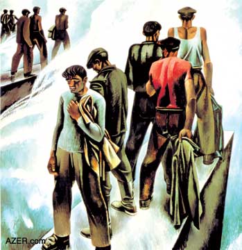 "New Sea" in 1970, again depicts the Severe Style of life's harsh realities. By Tahir Salahov. See more of his works at AZgallery.org.