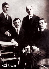 Huseingulu Sarabski, Uzeyir Hajibeyov, Hanafi Teregulov and Muslim Magomayev. Around 1913-14.