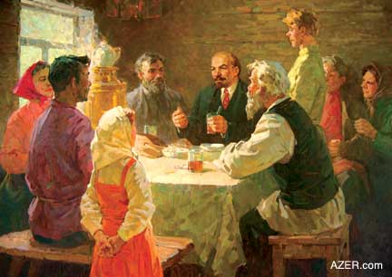 Peasant's Dinner Lenin by Vladimir Fedoseevich Yatstenko (1915- ) from Kyiv. He studied at the Kharkov Art Tchnikum until 1937 and then the Kharkov Art Institute until 1942. This work is a classic example of Socialist Realism. Painted shortly after Stalin's death, the painting depicts hope and rising expectations. Both old and young people are gathered around the table sharing a meal. This was the traditional way of propagating the ideals of communism. (Oil on canvas, 127 x 144 cm, 1960).