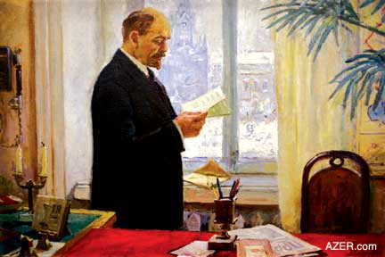 Lenin in his Office by B. Kolyada who was famous for paintings that were featured on postal stamps. (Oil on canvas, 100 x 150 cm, 1954).