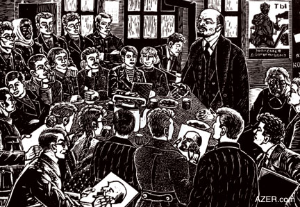 Lenin with the Art Students by Azerbaijani artist Alakbar Rezaguliyev (1903-1974). Lenin had visited Rezaguliyev's art class in 1922. This print was made in the early 1970s. Alakbar was in prison for the majority of his adult years-a total of nearly 25 years on three occasions when he was arrested. (Linoleum print, early 1970s). Photo: Anne Visser, Holland. 