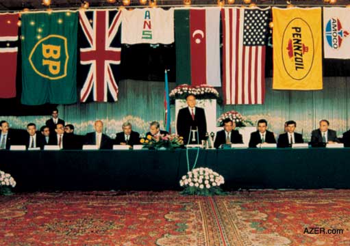 The late President Heydar Aliyev with international government representatives and top business managers in September 1994 at the signing of the "Contract of the Century" (Azeri-Chirag-Gunashli). The First Caspian Oil and Gas Exhibition had taken place a few months earlier (June 1994)