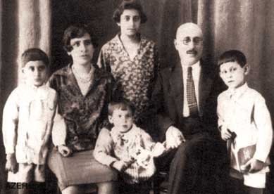 The Sadigzade family in happier times (around 1928). Left to right: son Jighatay, mother Ummugulsum, Sayyara, a niece who had been officially adopted into the family and who cared for the four children when the mother was arrested and sent to prison, young Toghrul (in front), father Seyid Hussein and Ogtay, oldest son. Daughter Gumral had not yet been born.