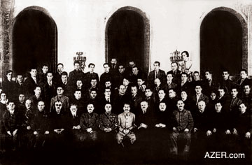 Delegation of the 18th Congress of Supreme Communist Party, the Kremlin, Moscow, 1937. Stalin is seated in the center on the first row in the light-colored suit. Mir Jafar Baghirov, First Secretary of the Communist Party in Azerbaijan and "Stalin's right hand man" in Azerbaijan is seated on first row, fourth from the left (glasses). Mikhail Ivanovich Kalinin (1875-1946) is seated next to him (with beard). Kalinin became the President of the Presidium of the Supreme Soviet, a position he held until 1946.