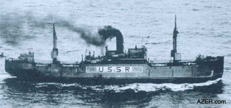 The Sakhalin, after being renamed Krasnoyarsk. It was aboard this ship that Berzin and 150 others arrived in Bleak Nagaev Bay to launch Dal'stroi. Source: U.S. Navy in Bollinger's Stalin's Slave Ships, Praeger, 2003.