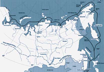 Shipping routes in the Arctic used to bring prisoners to the Kolyma forced labor prison camps.