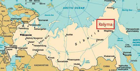 Map of Kolyma, in the Arctic Circle in Siberia not far from Alaska. Ships rought prisoners from the mainland to Kolyma. Much of the year the sea was covered with sick ice. Prisoners describe the journey as unbearable - the crowded conditions, lack of hygiene, noise, and lack of load of food. And then sometimes the sea was very stormy and violent. 